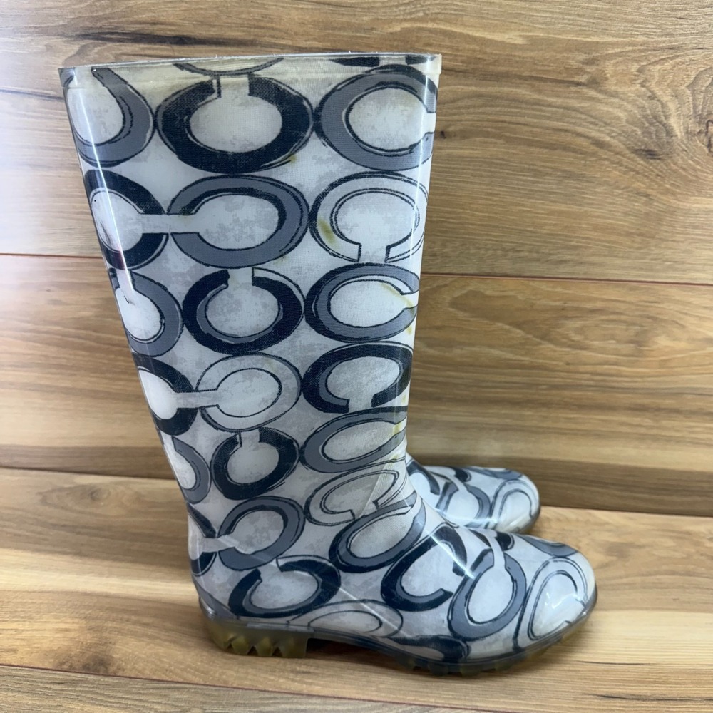 COACH Pixy Op Art Signature Tall Rain Boots Womens 8 White Gray Black Y2K